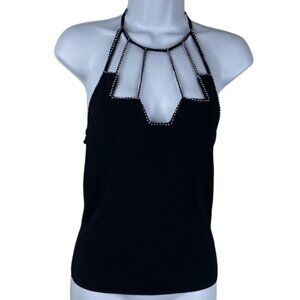 Cache Top Women's Halter Rhinestones Black Size S Whimsigoth Y2K Festival VTG